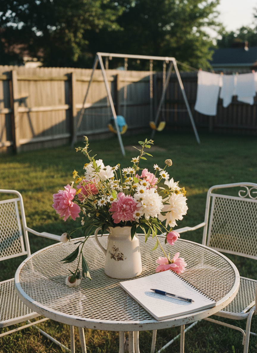 An outdoor suburban backyard in the mid-1980s, enclosed by slightly leaning wooden fences, is seen in early evening. A round metal patio table holds a chipped ceramic pitcher overflowing with loosely arranged garden flowers—peonies, daisies, and untidy greenery—some stems drooping as if after a long summer day. Beside it lies a spiral notebook with handwritten pages partially visible and a ballpoint pen resting diagonally. The background shows a swing set and laundry line out of focus, rendered with analog-film grain and soft color falloff. Golden hour sunlight spills across the scene, catching the edges of petals and wire chairs, casting long, wistful shadows. Shot at a three-quarter angle, the mood is nostalgic yet unsentimental, evoking quiet creative moments and unspoken stories.