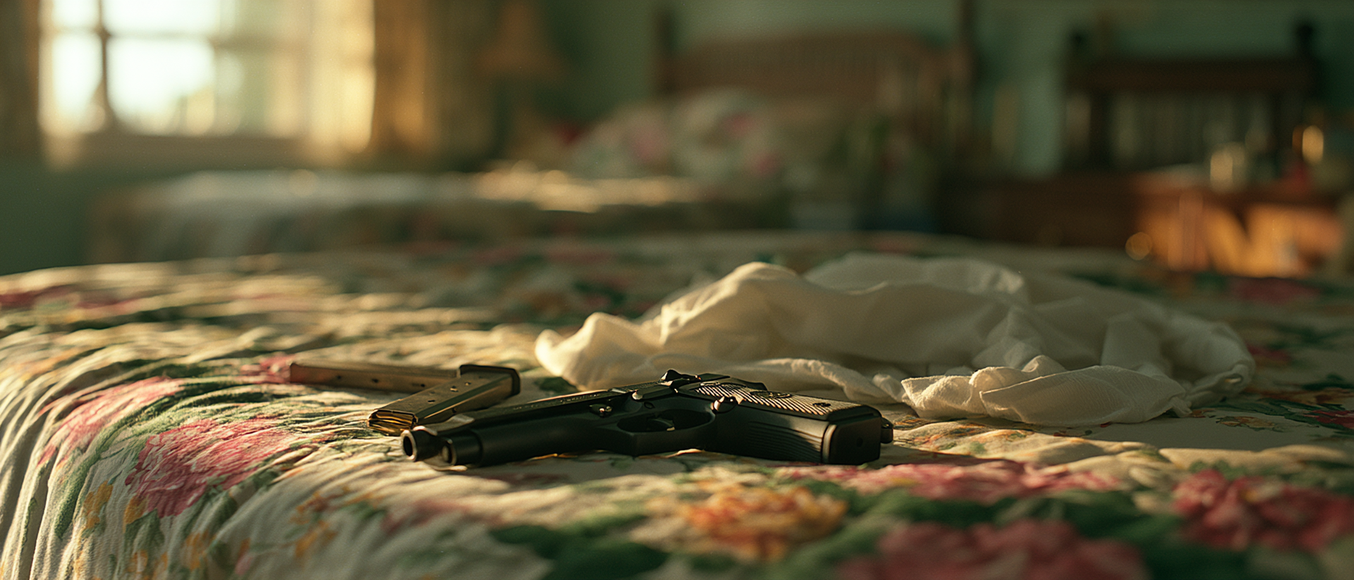 A handgun resting on a floral bedspread.