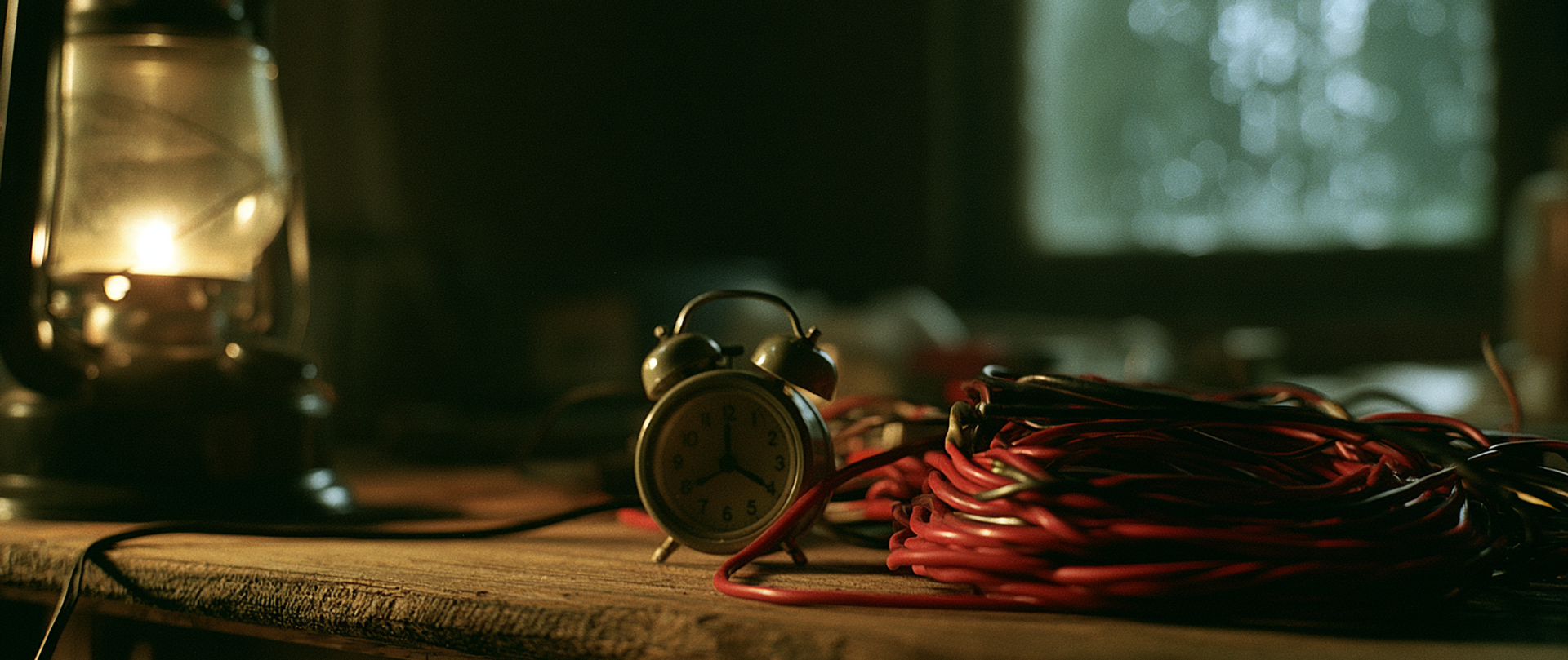 An alarm clock beside coiled red wire in lamplight.
