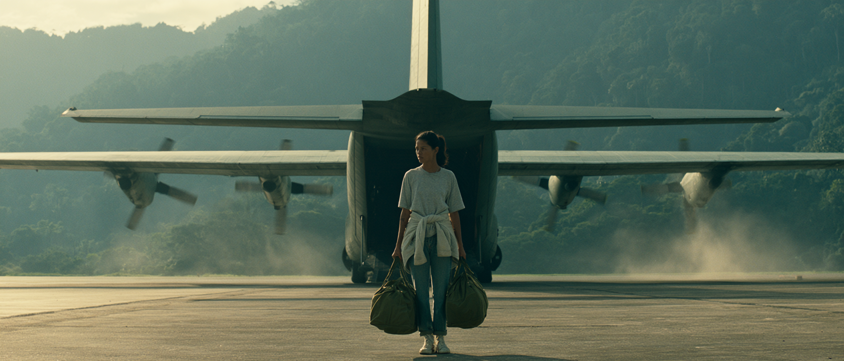 A woman carrying bags in front of a transport aircraft.